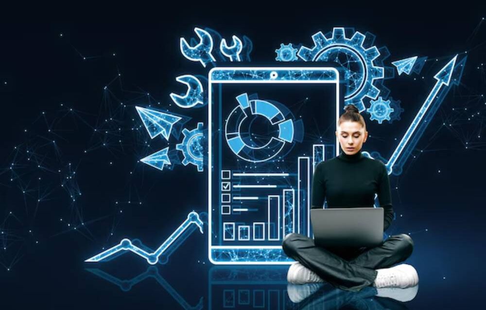 thoughtful-young-woman-with-laptop-creative-polygonal-interface-with-cogs-business-chart-blue-background-project-management-maintenance-tool-online-finance-system-concept_670147-88963